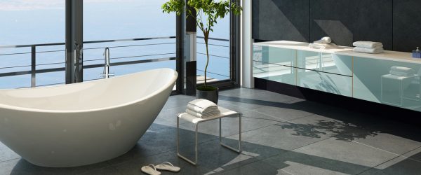 Expensive luxury bathtub against panoramic window