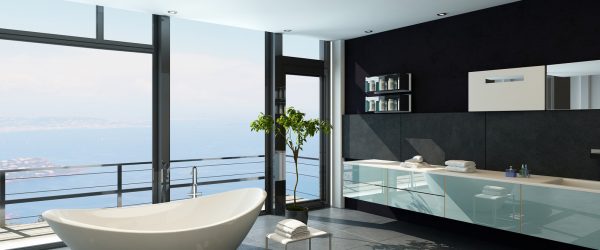 Expensive luxury bathtub against panoramic window